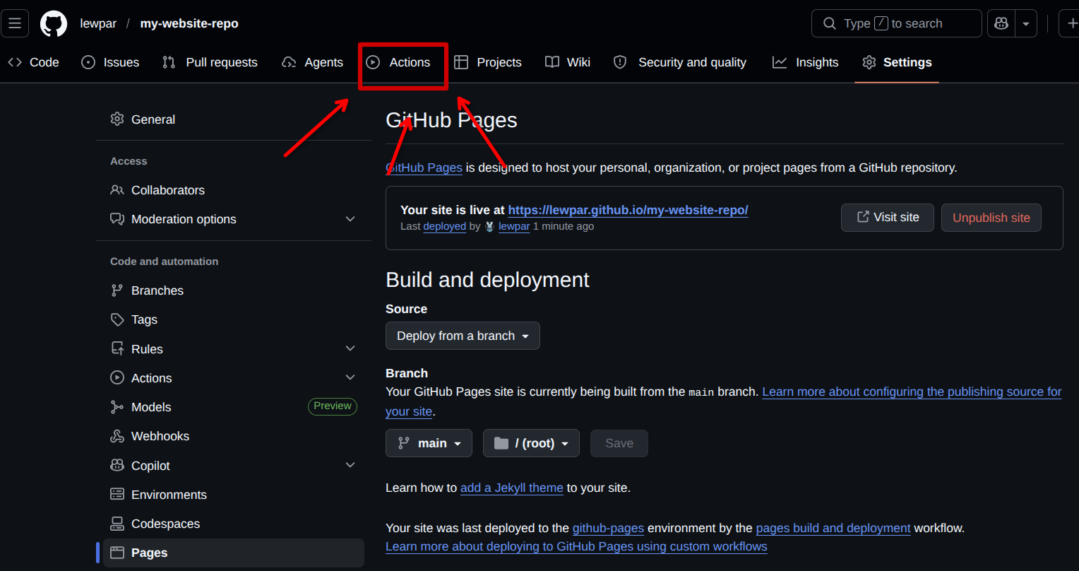 Actions tab button
